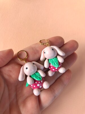 Strawberry bunny earrings, kawaii bunny earrings, cottagecore jewelry, cute bunny plushie earrings, quirky jewelry, funky earrings - image4